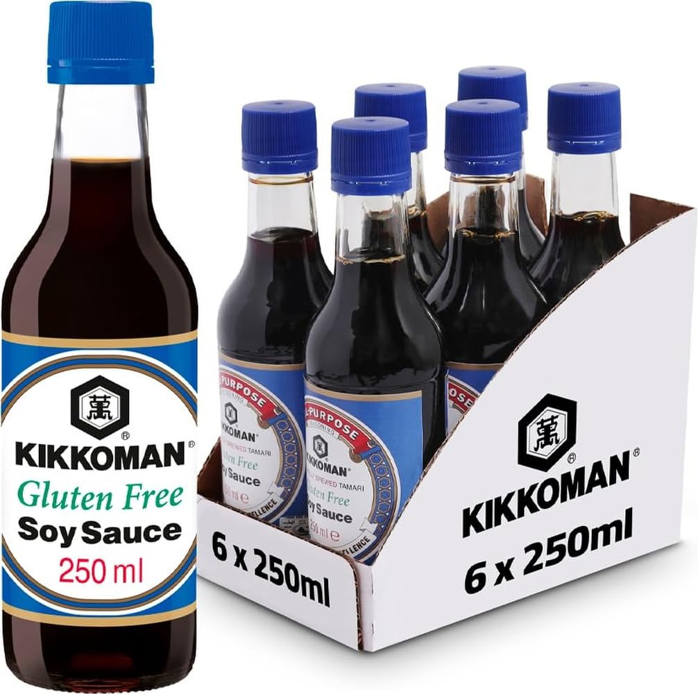 Kikkoman Gluten free Tamari Soy Sauce 250 ml | Naturally Brewed | 100% Natural Ingredients | Wheat free | Premium Japanese Soy Sauce | Adds Rich Umami to Asian Sushi & Stir Fries | Vegan | 6 Bottles