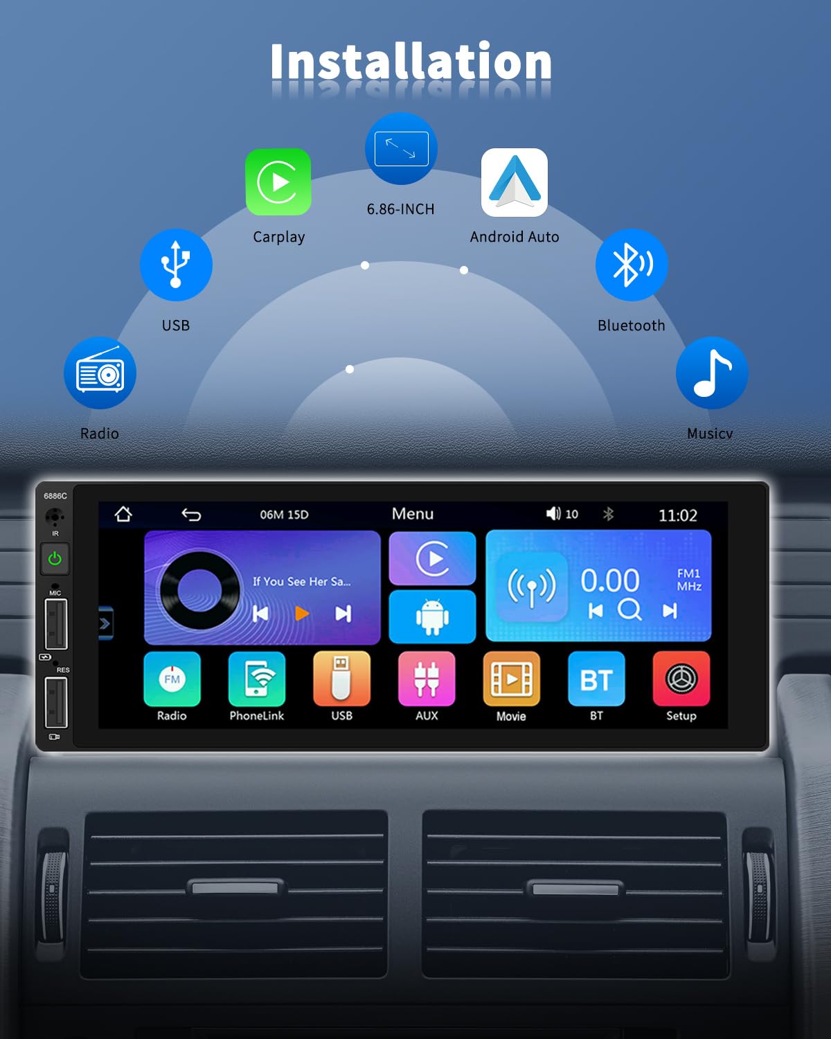 Radio Coche 2 DIN Con CarPlay/Android Auto Inalámbrico - Pantalla Táctil 6.9", Bluetooth Y Cámara Trasera