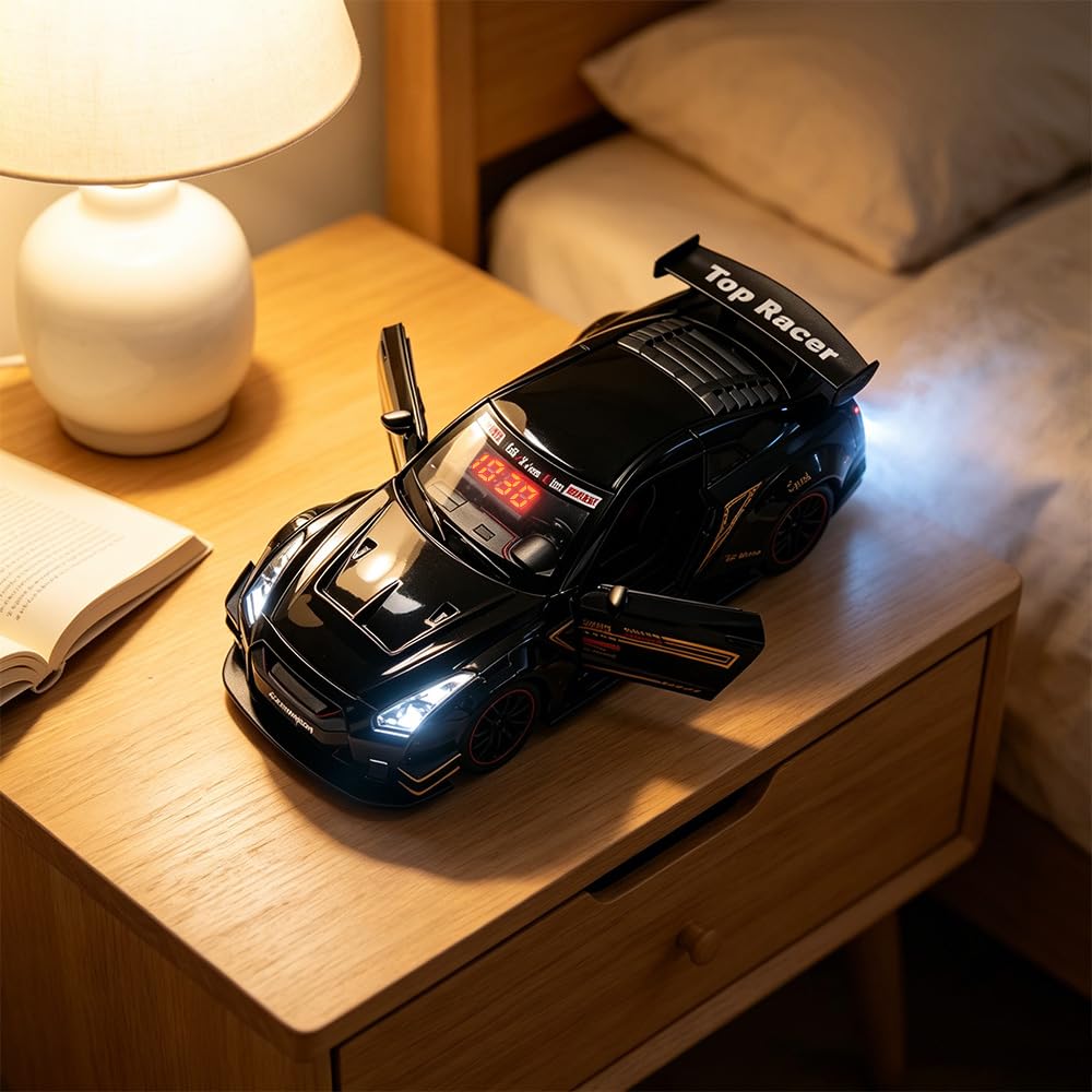Hypercar - Sveglia da auto con telecomando, orologio da scrivania digitale a LED ricaricabile, suono del motore realistico, effetti di luce di fuga d'acqua, ornamento creativo da scrivania (nero)