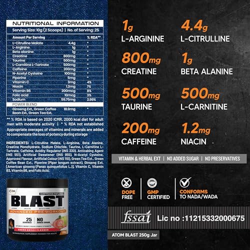 Image of AS-IT-IS ATOM Blast Advanced Pre-workout 250gms | Caffeine & L- Arginine Infused | Optimizes Energy | Increase Strength & Pumps | Guava Chilli flavour