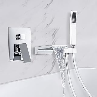 HAMOLER Wall Mount Waterfall Tub Faucet Bathroom Bathtub Faucet Single Handle Wall Mount Tub Filler Faucet with Hand Shower Chrome Roman Tub Filler Faucet
