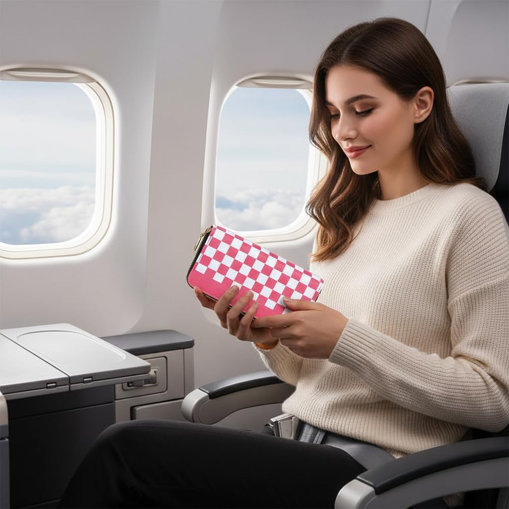 Women's Checkered Wallet, Large Capacity Highland Purse, 2 Zippers Card Cases and Money Organizers for Ladies (Grid Pink) - Image 3
