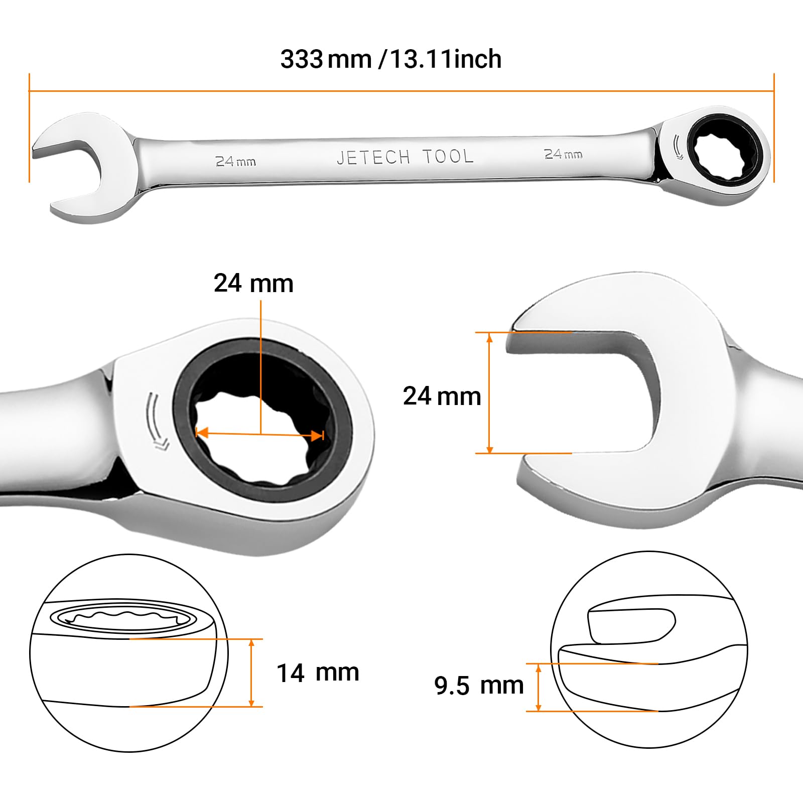 Jetech 24mm Gear Wrench - Metric Industrial Grade Cr-V Steel Ratcheting Combination Wrench, Ratchet Spanner in Polished Chrome Finish - Image 2