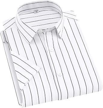 Mens Classic Casual Business Vertical Striped Button Up Short Sleeve Dress Shirts