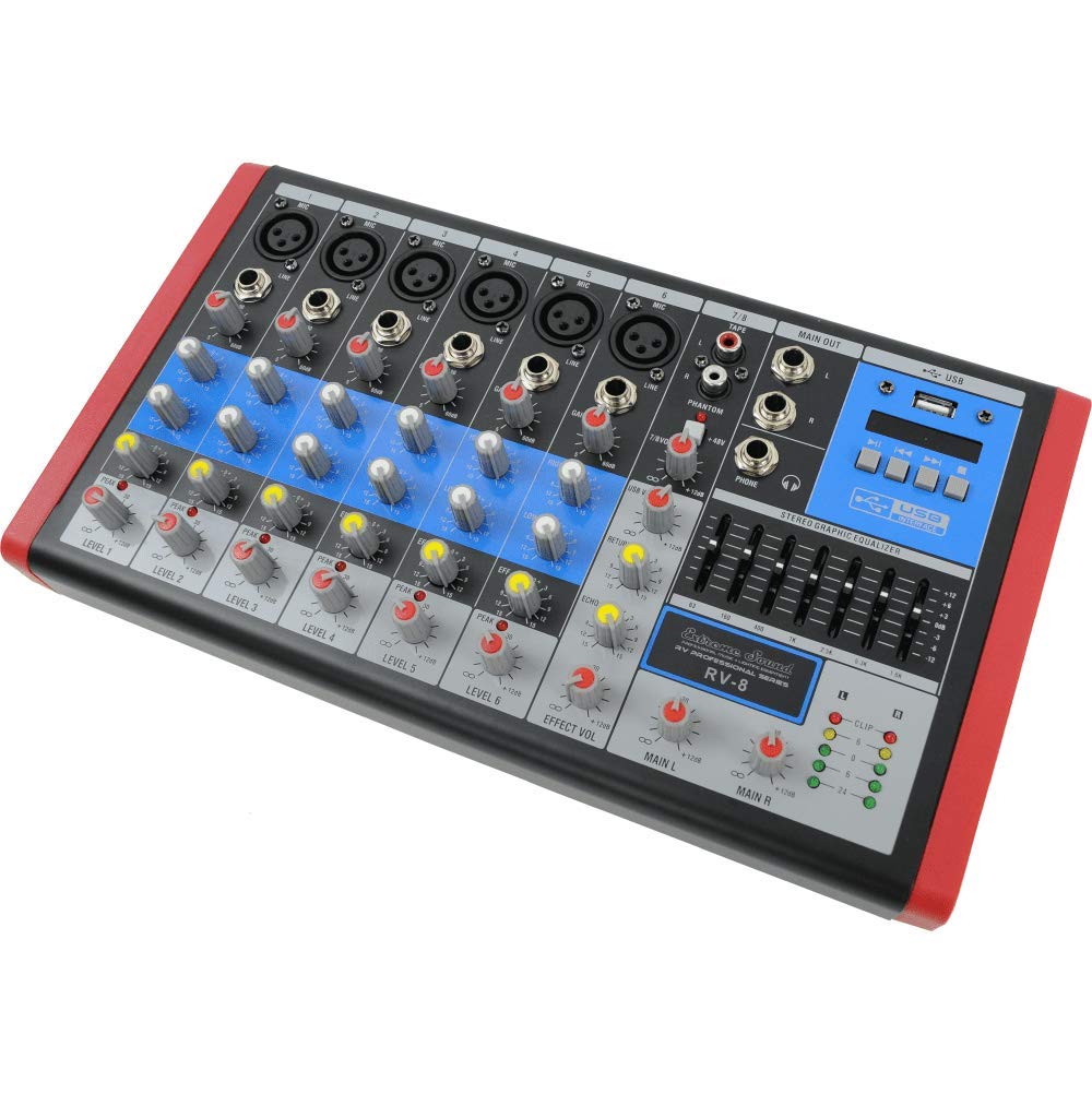 EXTREME SOUND RV-8 MIXER AUDIO PRO 6/8 canali Audio, Bluetooth, USB-MP3 Player, Effetti Riverbero, Phantom Power per MIC Professionali, Equalizzatore e VU-Meters di uscita. Assistenza Italia