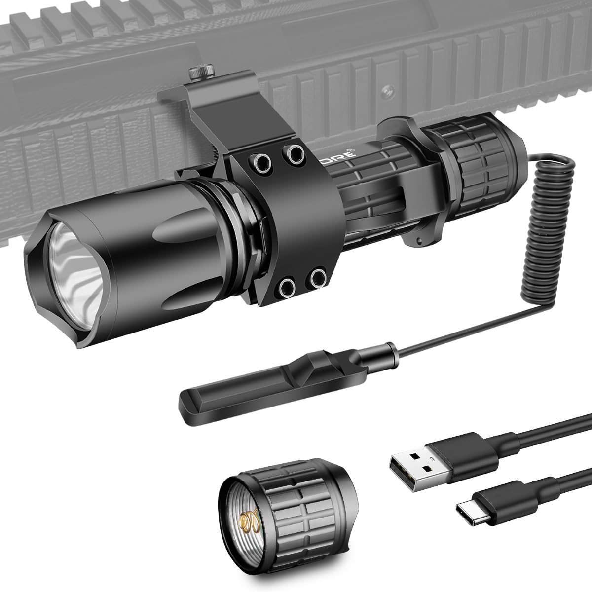 Tactical Flashlight for Rifles - 3 Modes LED High Lumen USB-C Rechargeable Waterproof Hunting Flashlight with Picatinny Rail Mount & Pressure Switch for Camping Hiking