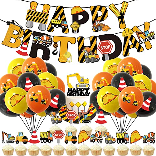 OPUHOHR Kindergeburtstag Deko Technisches Fahrzeug Happy Birthday Banner, Geburtstag Party Kindergeburtstag Deko Jungen Inklusive Happy Birthday Banner, Cake Topper, Luftballons Cover