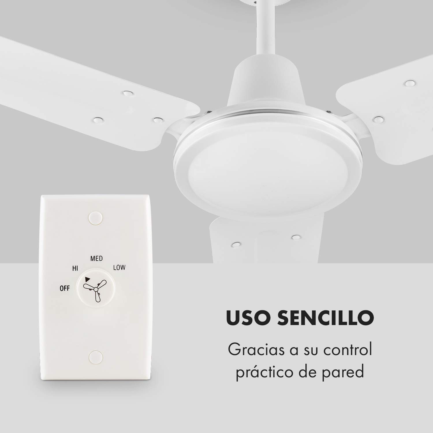 Klarstein Spin Doctor - Ventilador de techo, 3 aspas, Diámetro: 48" / 122 cm, Caudal de aire: 9963 m³/h, 56 W, 3 velocidades, Control de pared independiente, Cuerpo: acero inox., blanco