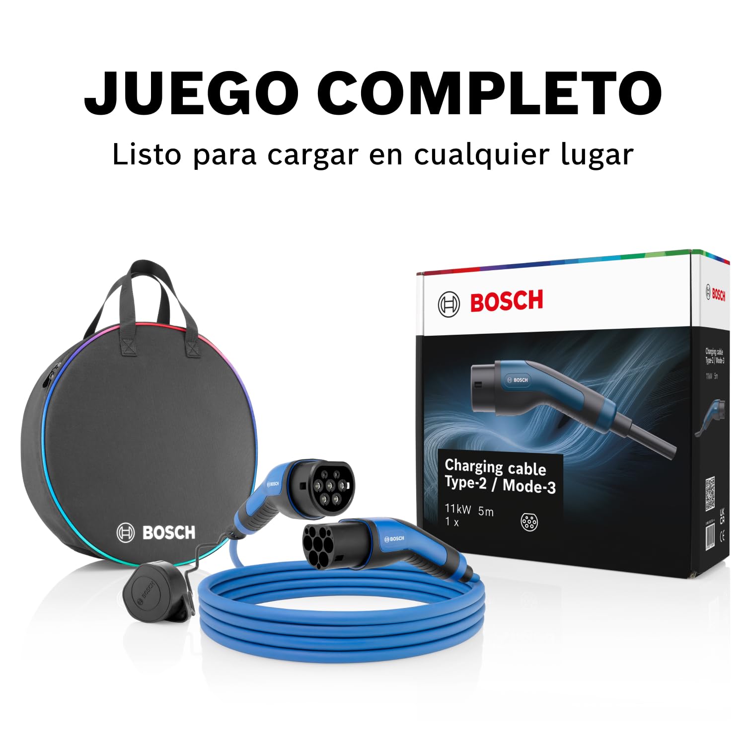Bosch Cable de Carga EV - 11 kW, 5 Metros, trifásico, 20 A | Cable resistente para vehículos eléctricos e híbridos enchufables- tipo 2 a tipo 2, modo 3 - incluye bolsa de transporte