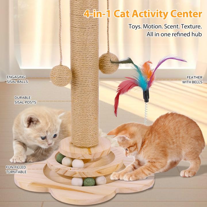 FitRepa Cat Scratching Post Multifunctional Cat Scratch Post, with Solid Wooden Base, Interactive Track & Spring Feather Toy - Image 4