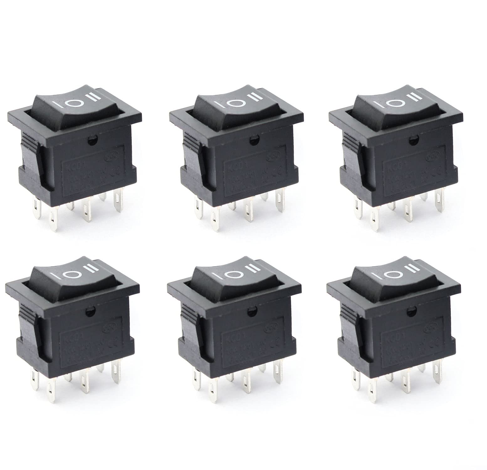 6-Pack DPDT Rocker Switch, On/Off/On (3 Position), 6A 250V AC / 10A 125V AC, 6 Pin Mini Power Switch (21x15mm)