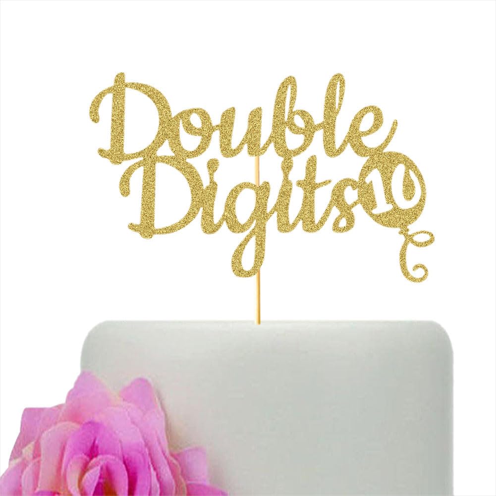 Double Digits Cake Topper, Happy 10th Birthday Cake Toppers, Double Digits Tenth Birthday Party Cake Supplies Decorations, Gold Glitter