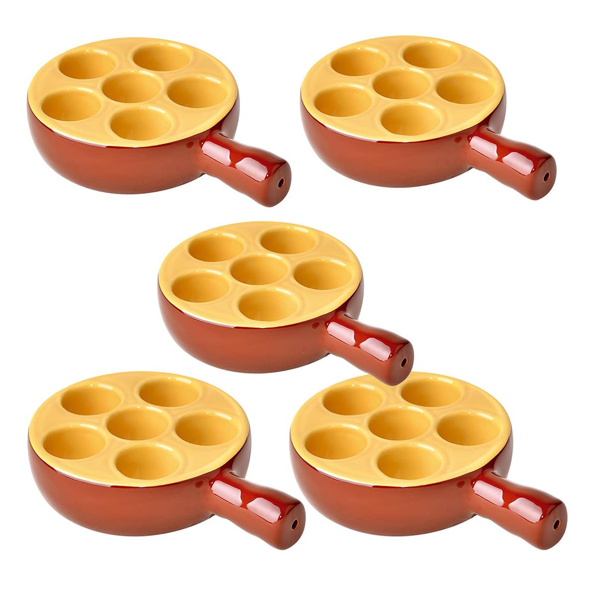 PEGANE Lot de 5 poêlons à escargots 6 Trous en Porcelaine Plat pour escargots avec poignée,Passe au Four et Lave-Vaisselle - 12 x 3,5 cm