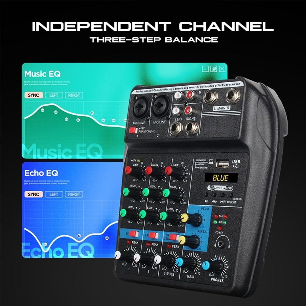 Table de mixage DJ 4 canaux avec streaming audio pour diverses sources audio, lecture multimédia USB et MP3, entrée stéréo, mixeur d'alimentation 48 V pour microphone à condensateur, carte son en