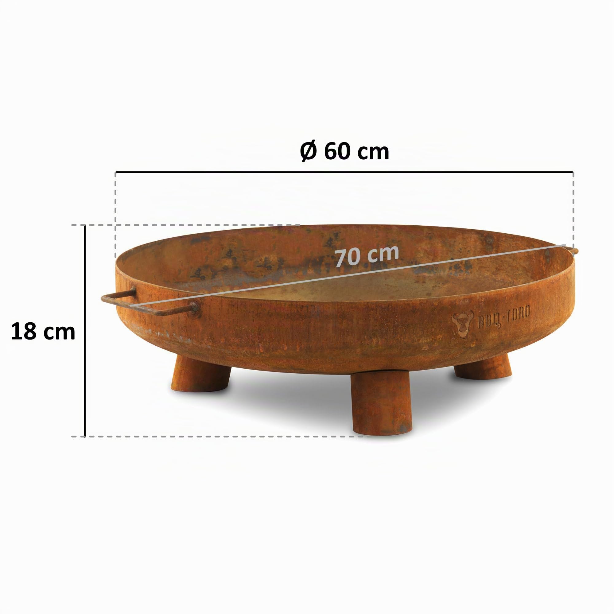 BBQ-Toro Ciotola per fuoco Ø 60 cm | effetto ruggine | ciotola per fuoco da esterno con tre gambe e due maniglie | Braciere da giardino, pozzo per fuoco, vassoio per fuoco