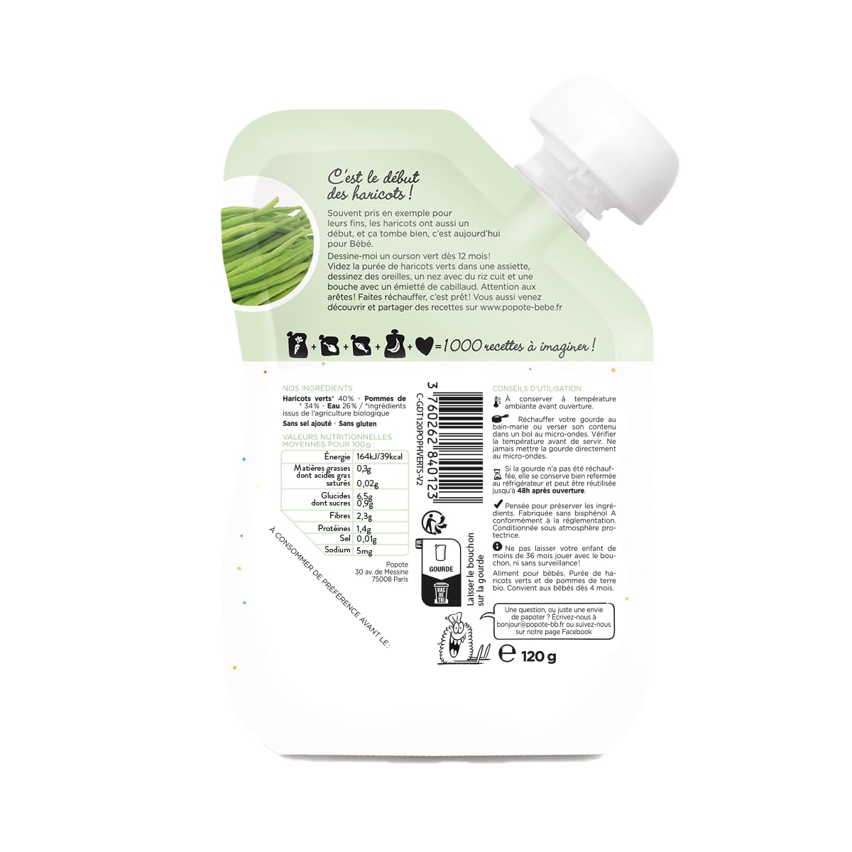 POPOTE - Purée de Haricots Verts Bio - Dès 4/6 Mois - Gourde Individuelle 120g - Recette Lisse, Équilibrée - Première Découverte des Légumes - Format Pratique à Emporter - Pack Familial 10 x 120g - 4