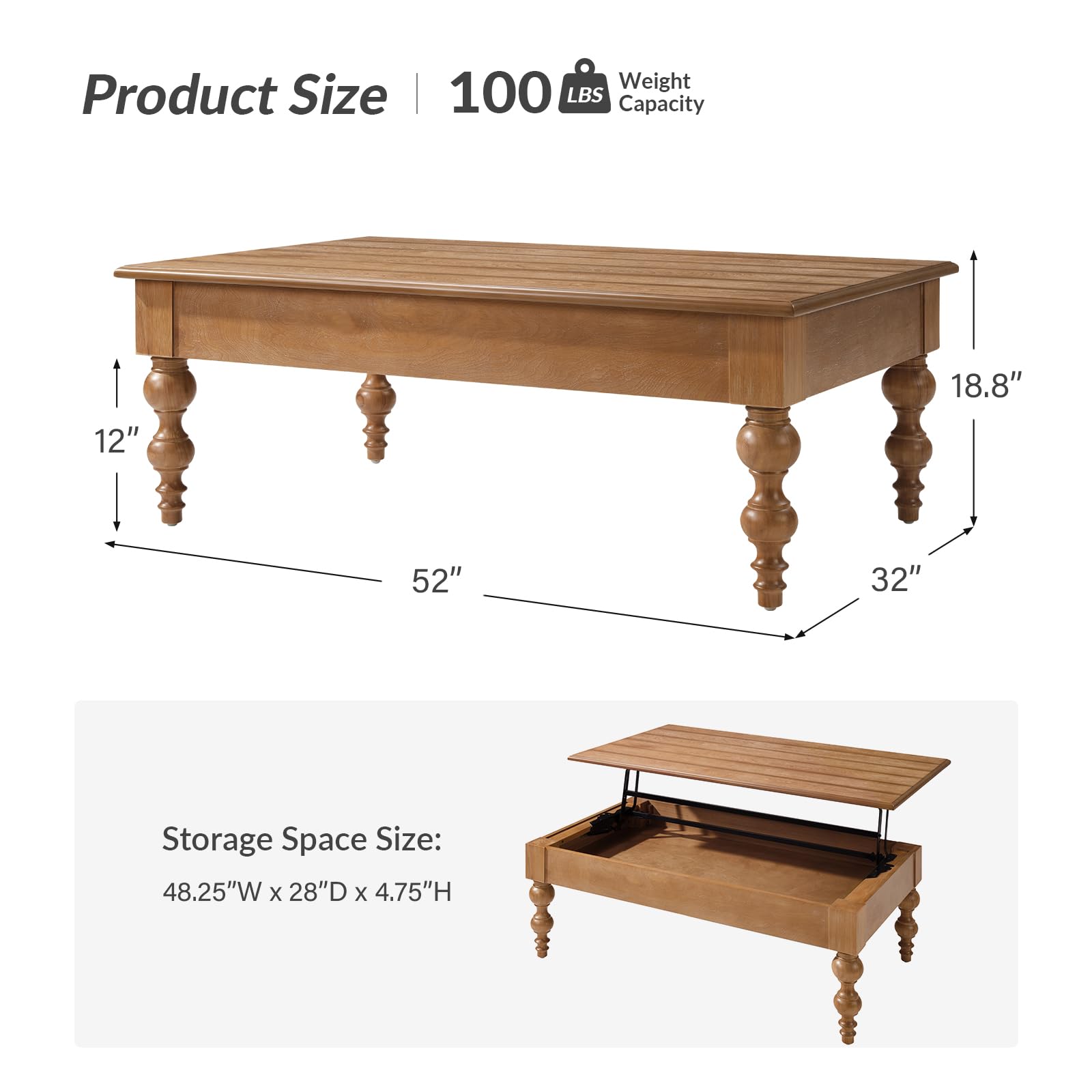 HULALA HOME Lift-Up Coffee Table with Storage Bottle Shaped Legs