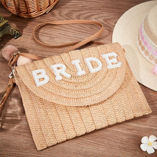Image of GORGECFAFT Bride Straw Shoulder Bag Woven Clutch Bag Summer Beach Crossbody Handbags with Two Balls Woven Rhinestone Wedding Vacation Purse Honeymoon Bridal Shower Gift for Bride Party Honeymoon
