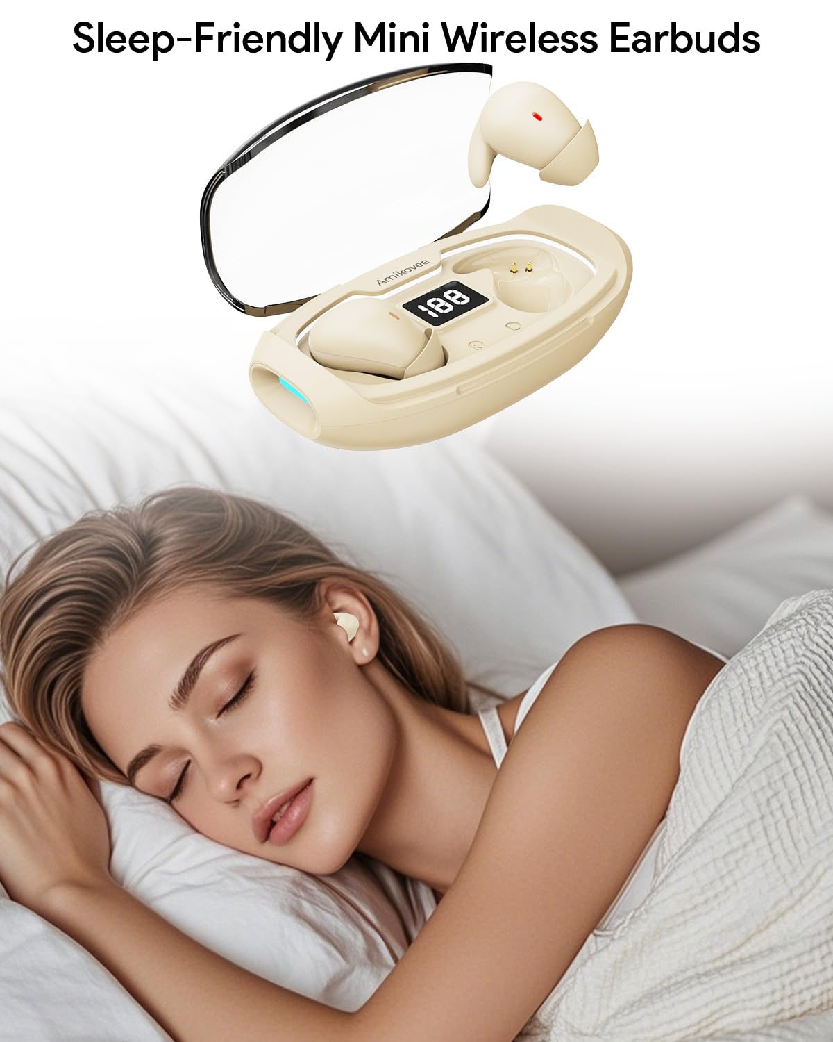 Auriculares inalámbricos para dormir, auriculares intraurales Bluetooth para dormir de lado, diseño único de cápsula espacial, cancelación de ruido, color beige