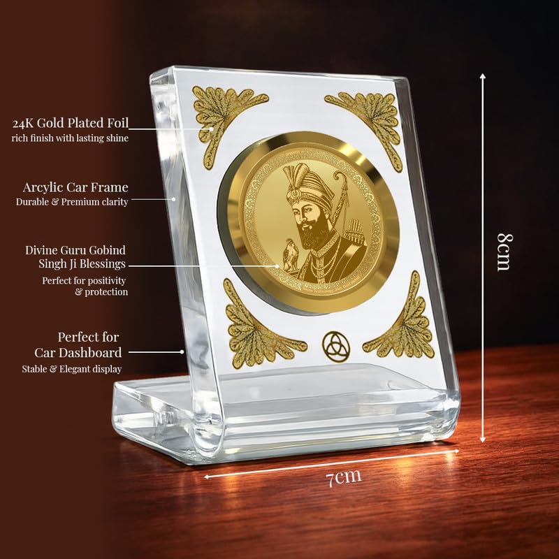 Image of DIVINITI 24K Gold Plated Guru Gobind Singh Ji Acrylic Frame for Car Dashboard, Home Temple & Office Table | Premium Spiritual Gift, Blessings for Protection & Positivity, 8x7 cm Decorative Showpiece