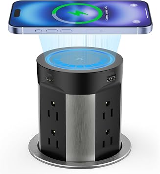 Kungfuking Pop Up Outlet for Countertop Kitchen, 15W Wireless Charger, 75W USB C Counter Top Electrical Power, 8 Outlets & 4 USB Ports, 4 Hole Recessed Popup Outlet for Island Conference Table