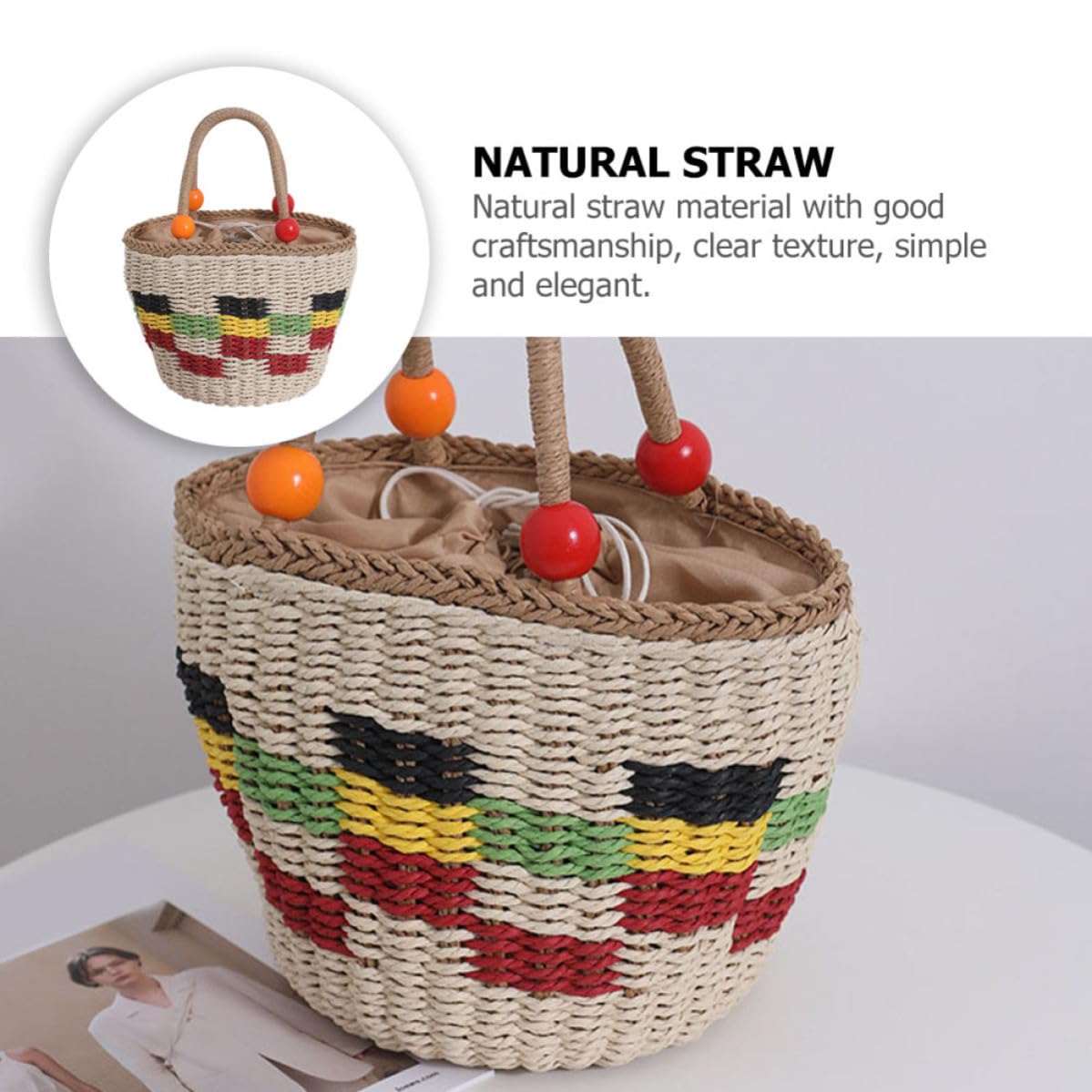 POPETPOP Bolso de Mano Tejido de Paja Doble Asa y Diseño Elegante