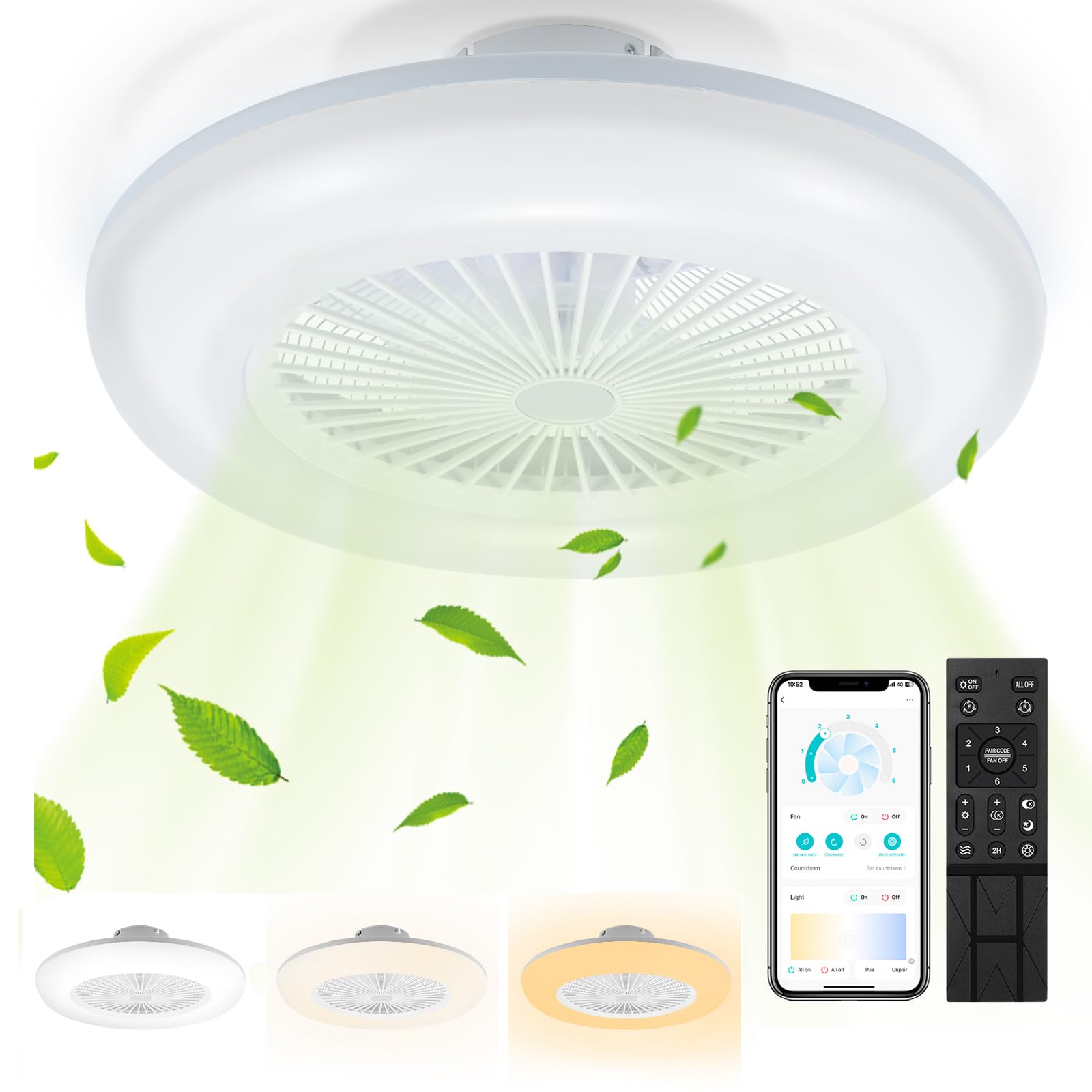 Herrselsam Ventilatore da soffitto con illuminazione, 80 W, luce con telecomando e app, con modalità di funzionamento invernale estiva, 6 velocità, timer e dimmerabile, φ55 cm
