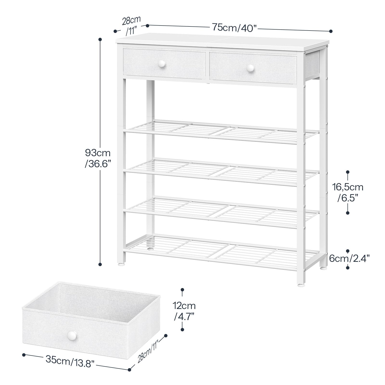 HOOBRO Zapatero con 2 Cajones y 4 Estantes de Rejilla, Mesa de Consola Estrecha para Recibidor, Estantería de 75 x 28 x 93 cm para Entrada, Sala de Estar, Balcón, Blanco EWW178XJ01