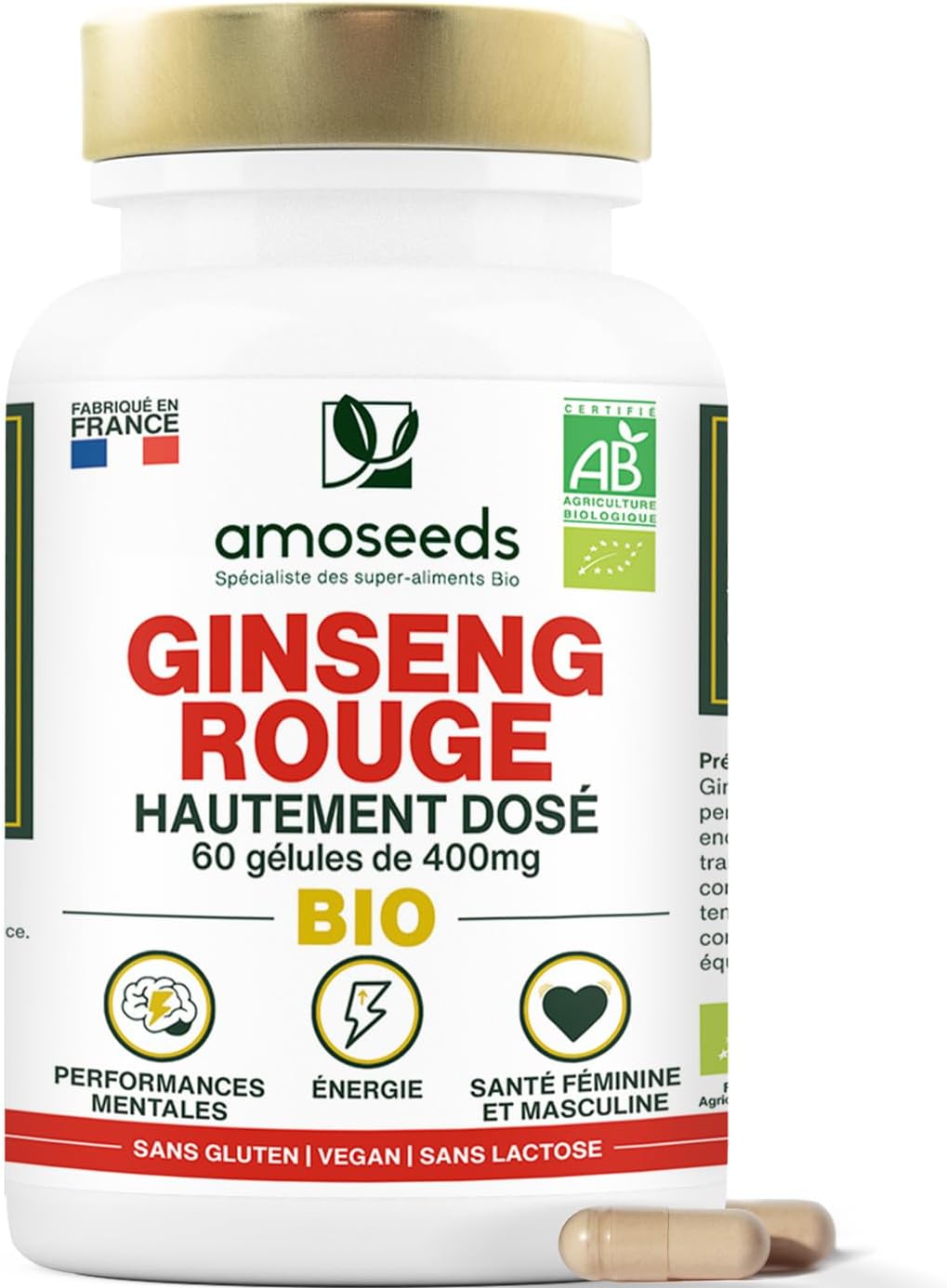 Panax Organic Red Ginseng from Korea | High Concentration Extract | Energy, Vigor, Anti-Stress, Concentration | 60 Capsules of 400mg | Top Quality Panax Organic Red Ginseng from Korea | High Concentration Extract | Energy, Vigor, Anti-Stress, Concentration | 60 Capsules of 400mg | Top Quality
