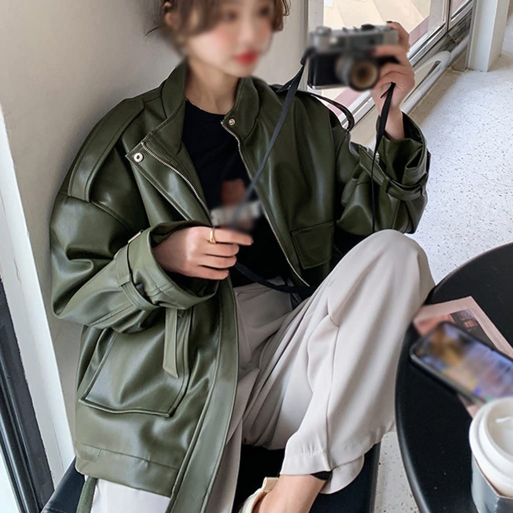 Amazon.co.jp: LLLY レトロ グリーン レザー ジャケット女性小さな短い