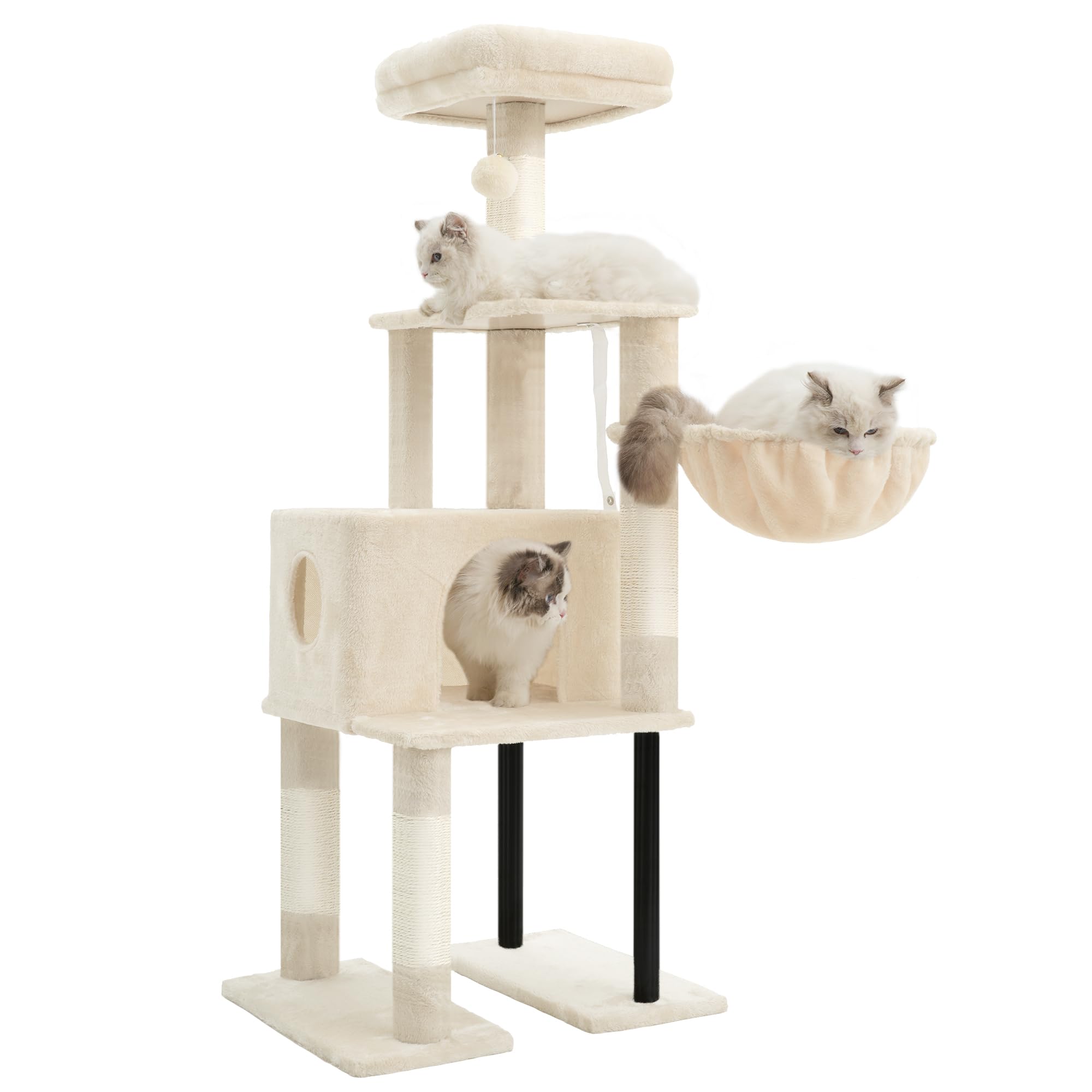 Heybly Albero Tiragraffi Per Gatti Alto 125 cm, Torre Per Gatti Spaziosa E Confortevole Con Tana, Due Ampie Piattaforme, Tiragraffi In Sisal, Cestino, Robusti Tubi In Acciaio, Beige HCT200SM-