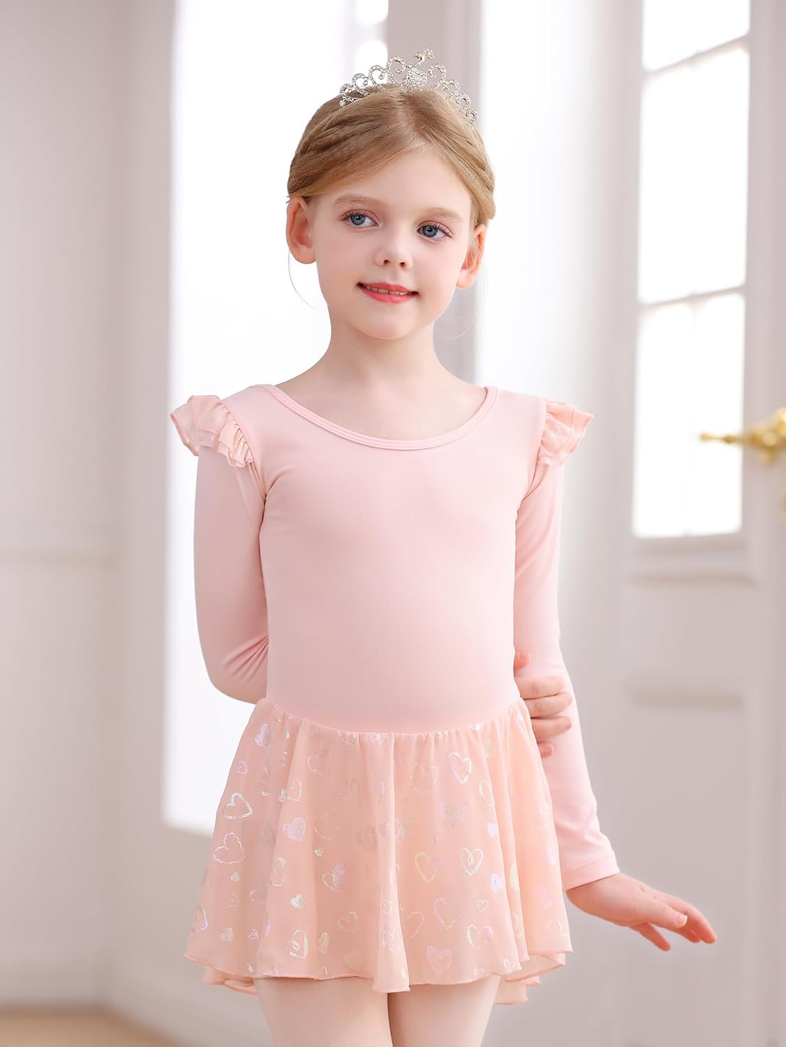 Mecceos Ballet Leotard for Girls Toddler - Classic Long Sleeve Ruffle Heart Print Tutu Dance Dress with Back Bow