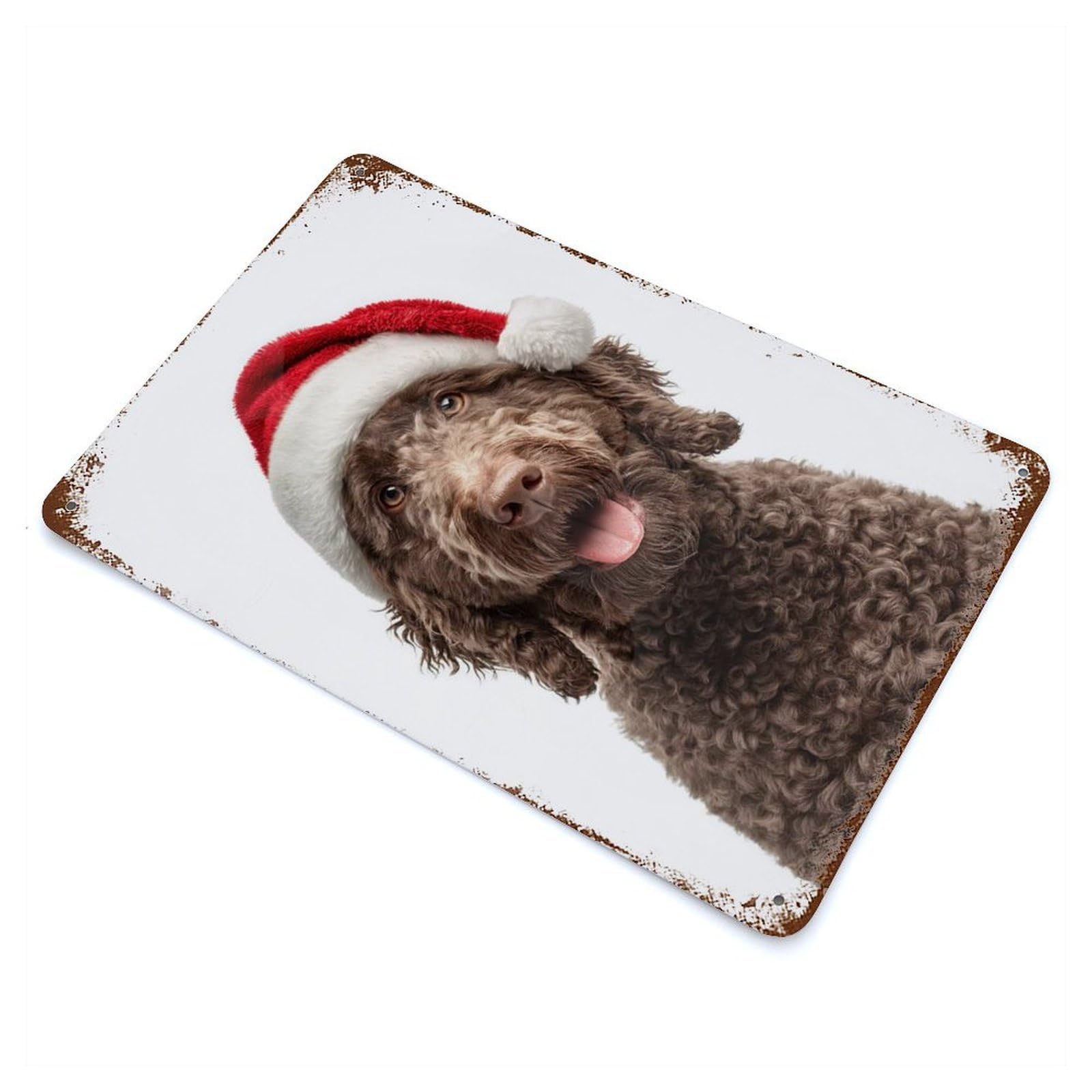 Spanish Water Dog with Santa Hat Rust Effect Tin Sign 11.8"x7.9", Novelty Wall Decor for Garage, Pub Or Kitchen