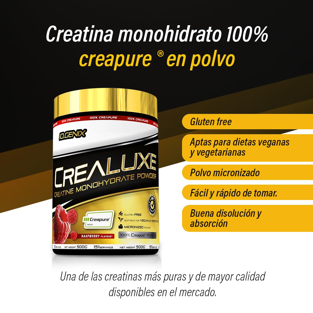 iO.GENIX - Crealuxe | Creatina | Creapure | 500g | Polvo Micronizado | Gluten Free | Apta para Veganos y Vegetarianos (500 g, Frambuesa)