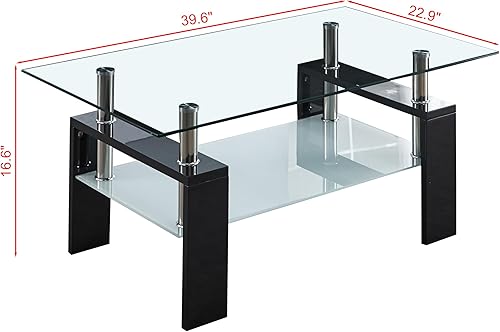 Miniatura 20 de Goujxcy Moderna mesa auxiliar cuadrada de vidrio para sofá con vidrio templado, mesa auxiliar de 2 niveles, mesita de noche, mesita de noche, mesa