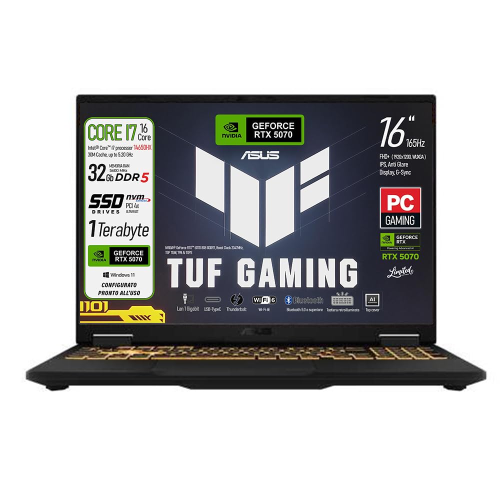 ASUS TUF F16 Notebook Gaming,Intel Core i7 14650HX, RAM 32Gb DDR5 | SSD 1Tb, Display G-Sync 16" WUXGA 165 Hz FHD+, NVIDIA GeForce RTX 5070 8GB GDDR7, Thunderbolt, Ready to use, Gar. 3 anni