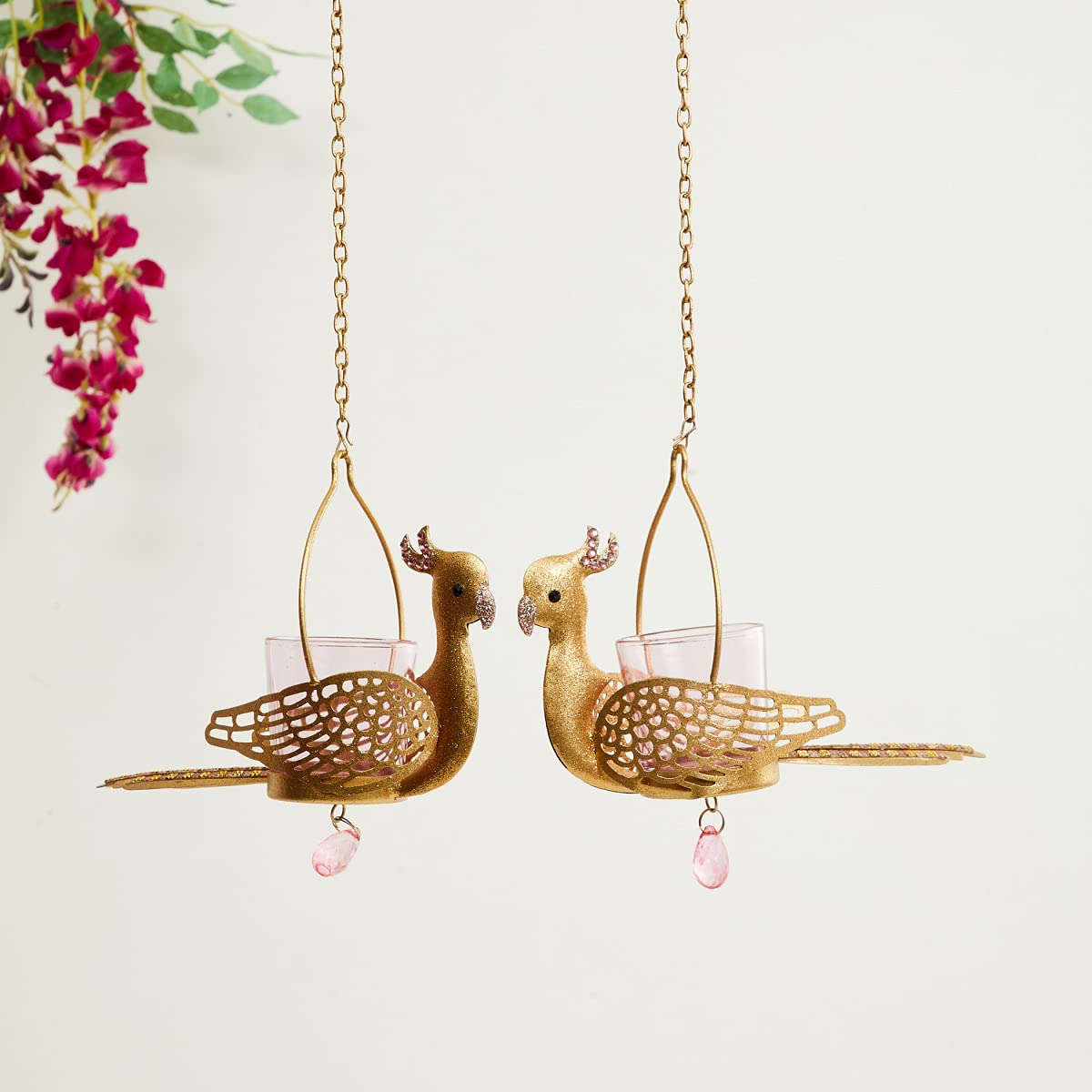 Home Centre Fiesta Moksha Hanging Parrot T-Light Holder - Set of 2, Gold, Standard