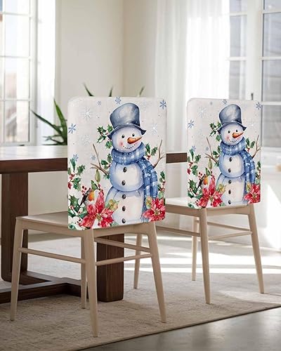 Vista 13 de Paquete de 4 fundas de respaldo de silla de Navidad con muñeco de nieve azul para sillas de comedor, fundas extraíbles lavables para silla