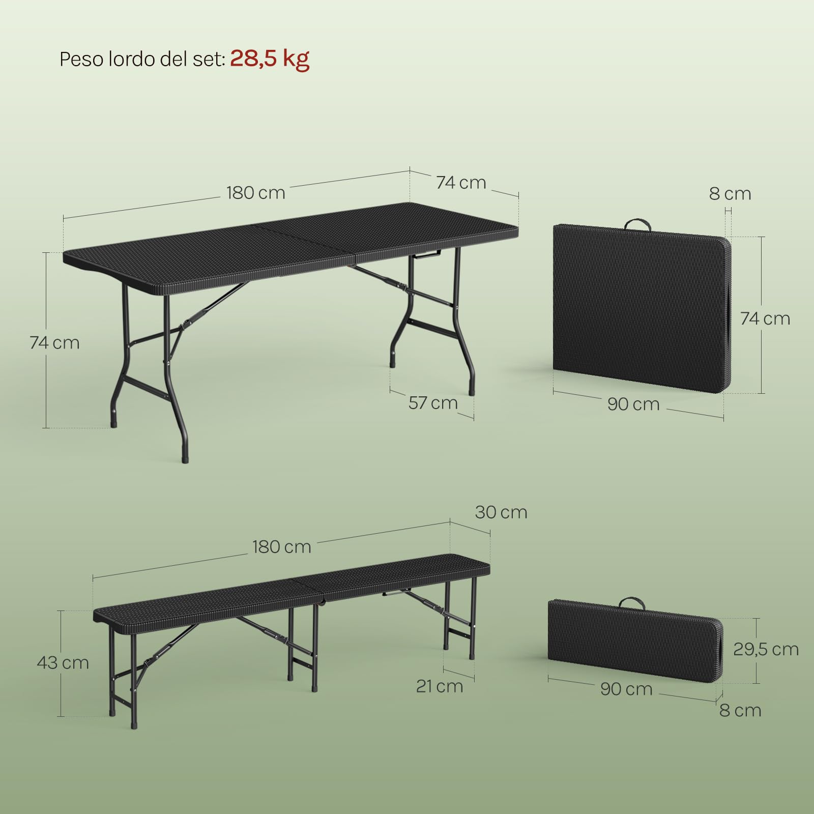 WOLTU Set Birreria 3 Pezzi con Tavolo da Campeggio con 2 Panche Pieghevoli, Set Giardino Esterno Effetto Rattan, Resistente alle Intemperie e Facile da Pulire, per Campeggio, Giardino, Nero