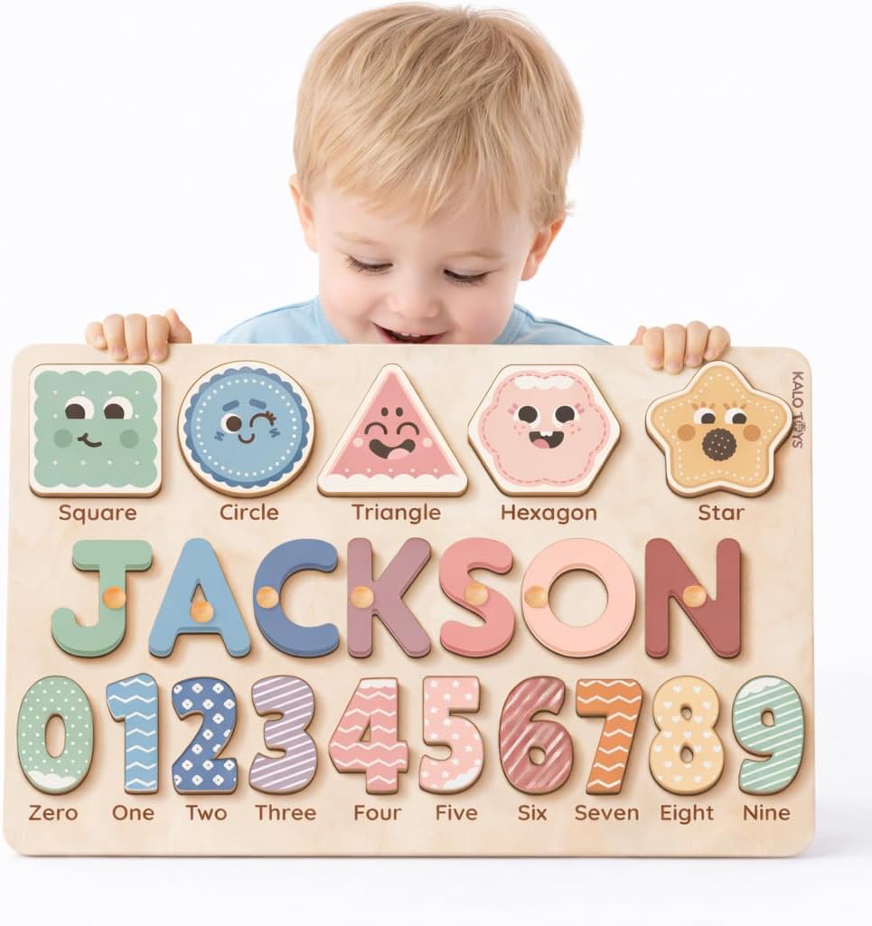 Wooden Name Puzzle for Toddlers 1-3, Personalized Name Puzzle with Animal Story Background, Baby Puzzle, Custom Baby Gift, First Birthday Gift for Boy Girl (Shapes and Numbers)