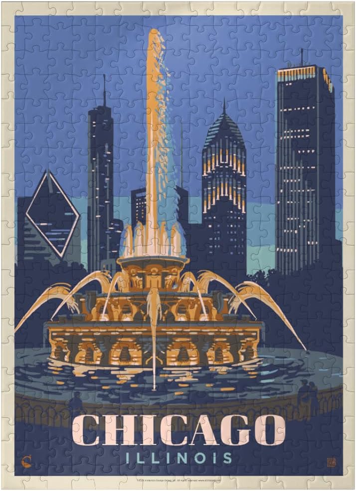 MyPuzzle Chicago, IL: Fountain of Light, Vintage Poster - Premium 1000 Piece Jigsaw Puzzle for Adults