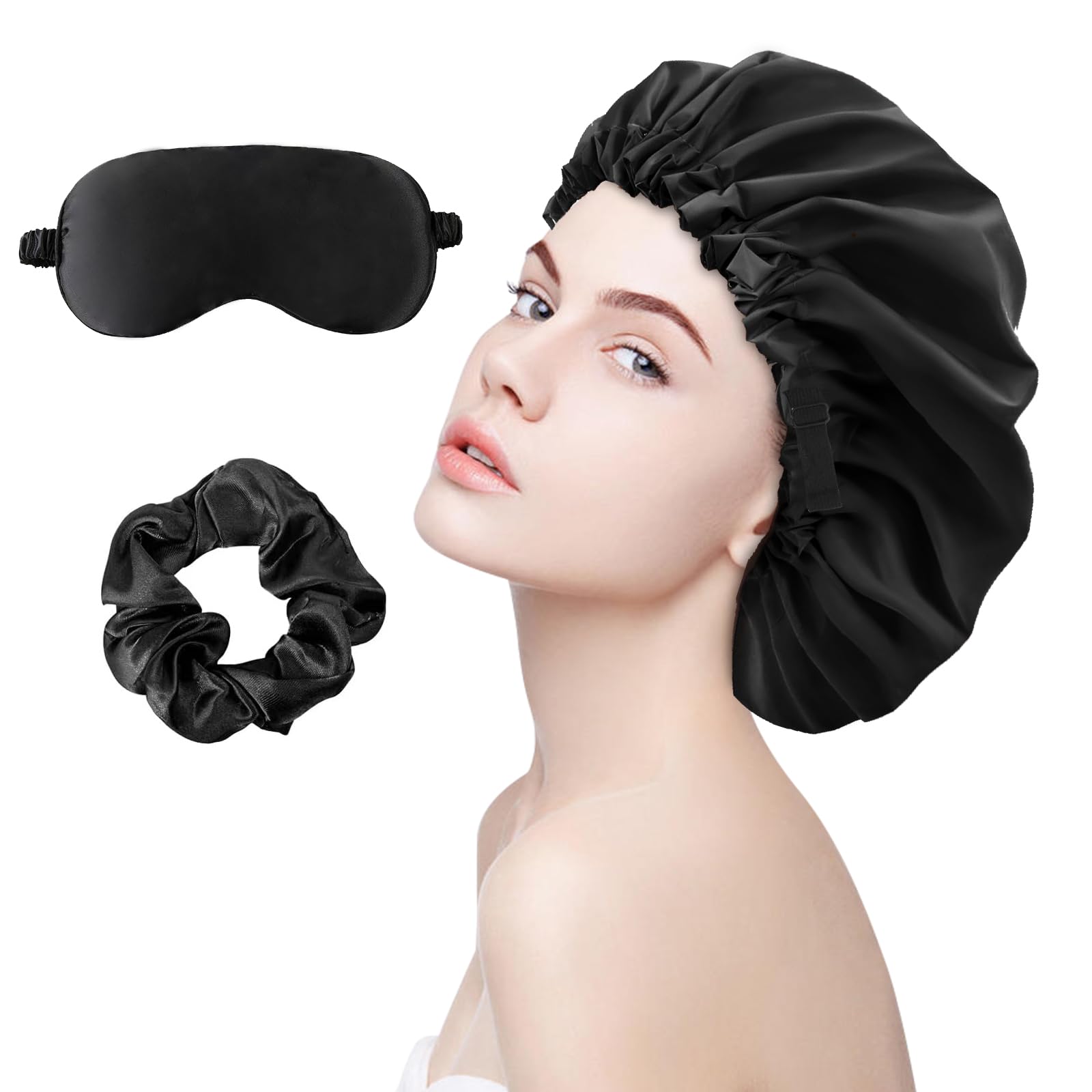 Gorro de Seda Para Dormir, Gorro de Saten Para Dormir Pelo Rizado, Gorro Ducha Suave con Capa Interna de Microfibra, Toalla Pelo Secado Rapido, Accesorios Prácticos de Baño, Gorro de Ducha Mujer