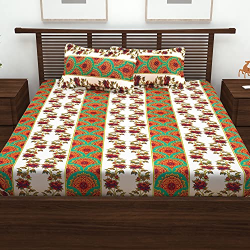 Image of Story@Home Magic Ethnic Collection Floral 100% Cotton 1 Bedsheet for Double Bed and 2 Pillow Covers - White & Turquoise कपास डबल बेडशीट