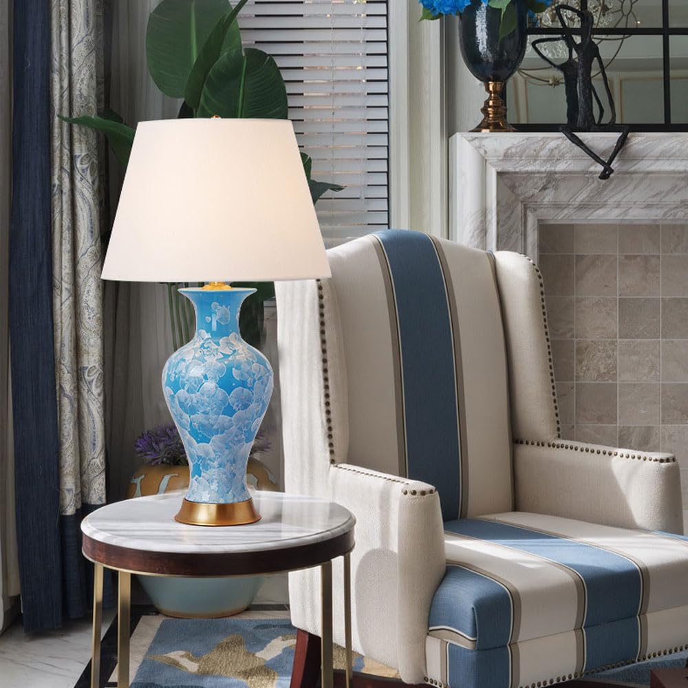 asdchZen Blue Crystallized Glaze Table Lamps With Fabric Shade, Modern Ceramic Blue Nightstand Bedside Lamp For Living Room, Bedroom-A,B