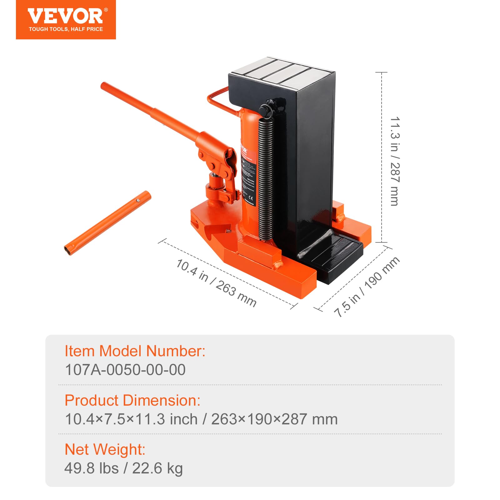 VEVOR Gato hidráulico, plataforma elevadora de 5 t en la punta, capacidad de elevación de 10 t en la punta, altura de los dedos de 20 a 173 mm, altura superior de 287 a 440 mm, gato hidráulico de aire