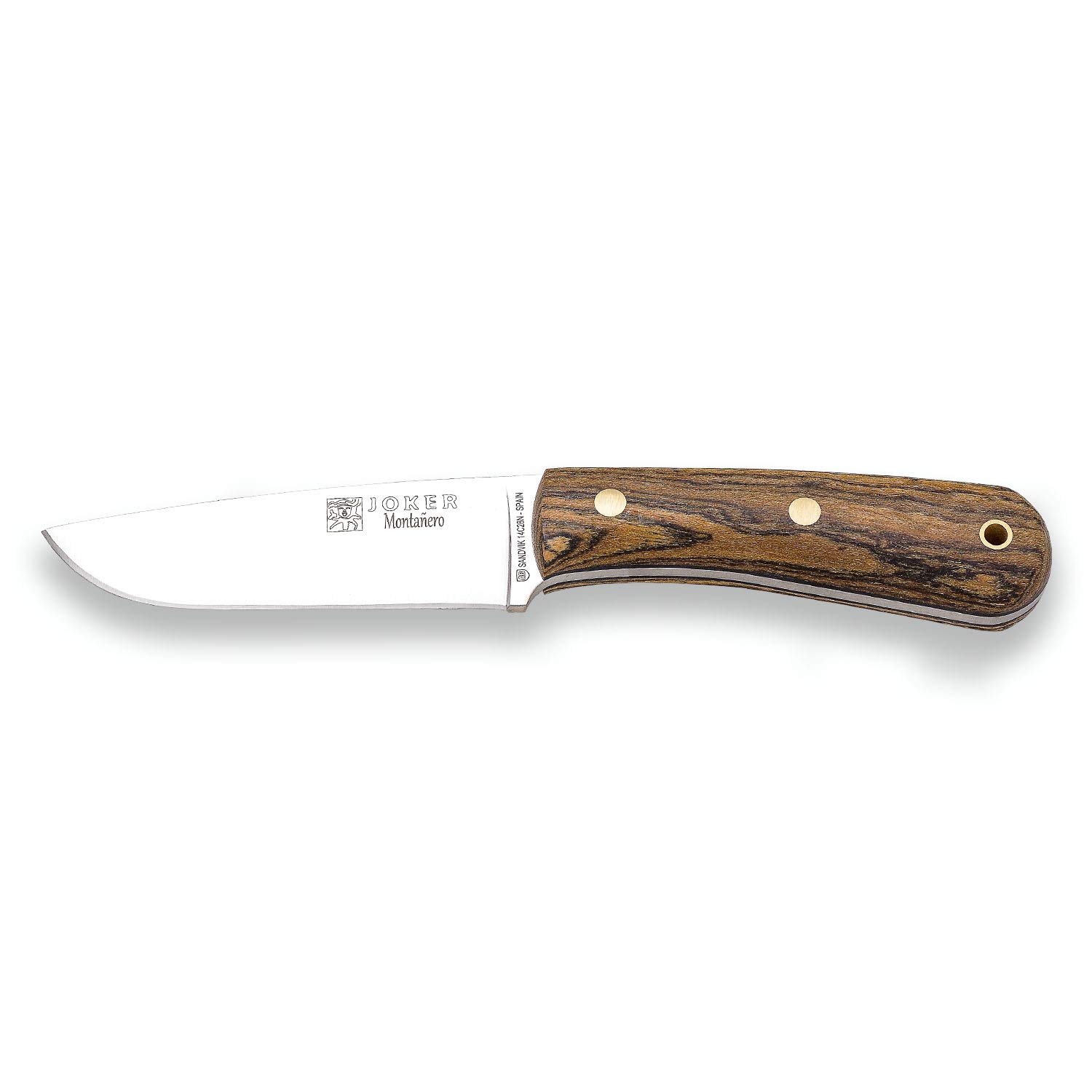 joker Coltello da caccia Mountaineer CB134, mango Bocca, lama Sandvik 14C28N da 11 cm, fodero in pelle marrone, per attività di Pesca, l'Escursionismo, Il Campeggio