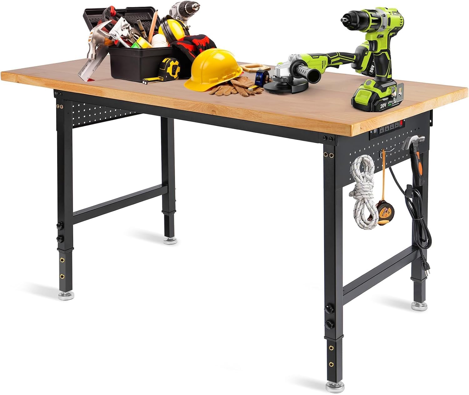 48-Zoll-werkbank Auf Rollen, Tragkraft 2000 Pfund, Gummibaumholz, Steckdosen, Lochwand, Ideal Für Garage, Büro, Werkstatt Und Zuhause Wood 60