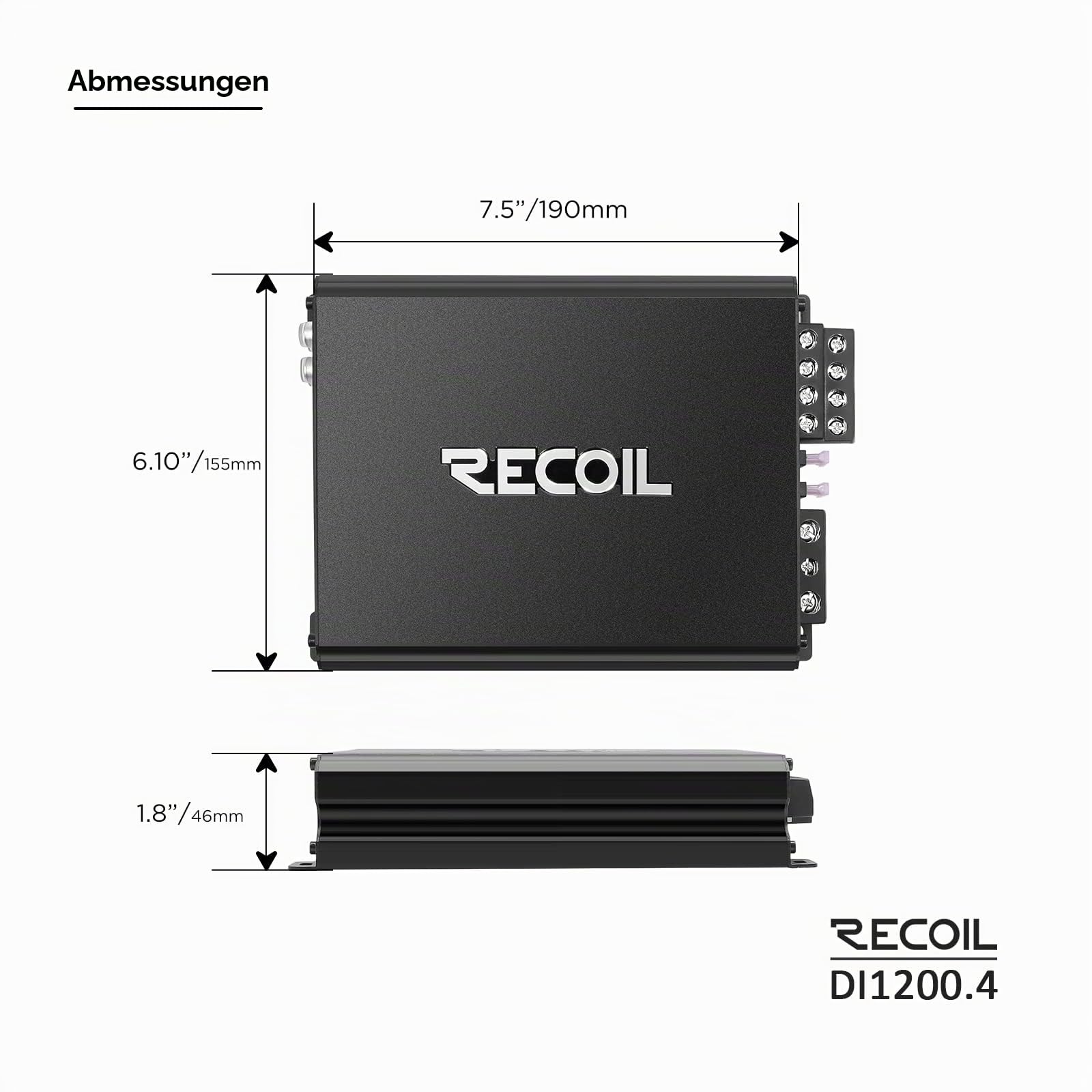 RECOIL DI1200-4 Full-Range Class-D 4-Kanal Auto-Audio-Verstärker, 2.400 Watt, 2-4 Ohm stabil, MOSFET-Stromversorgung, brückbar
