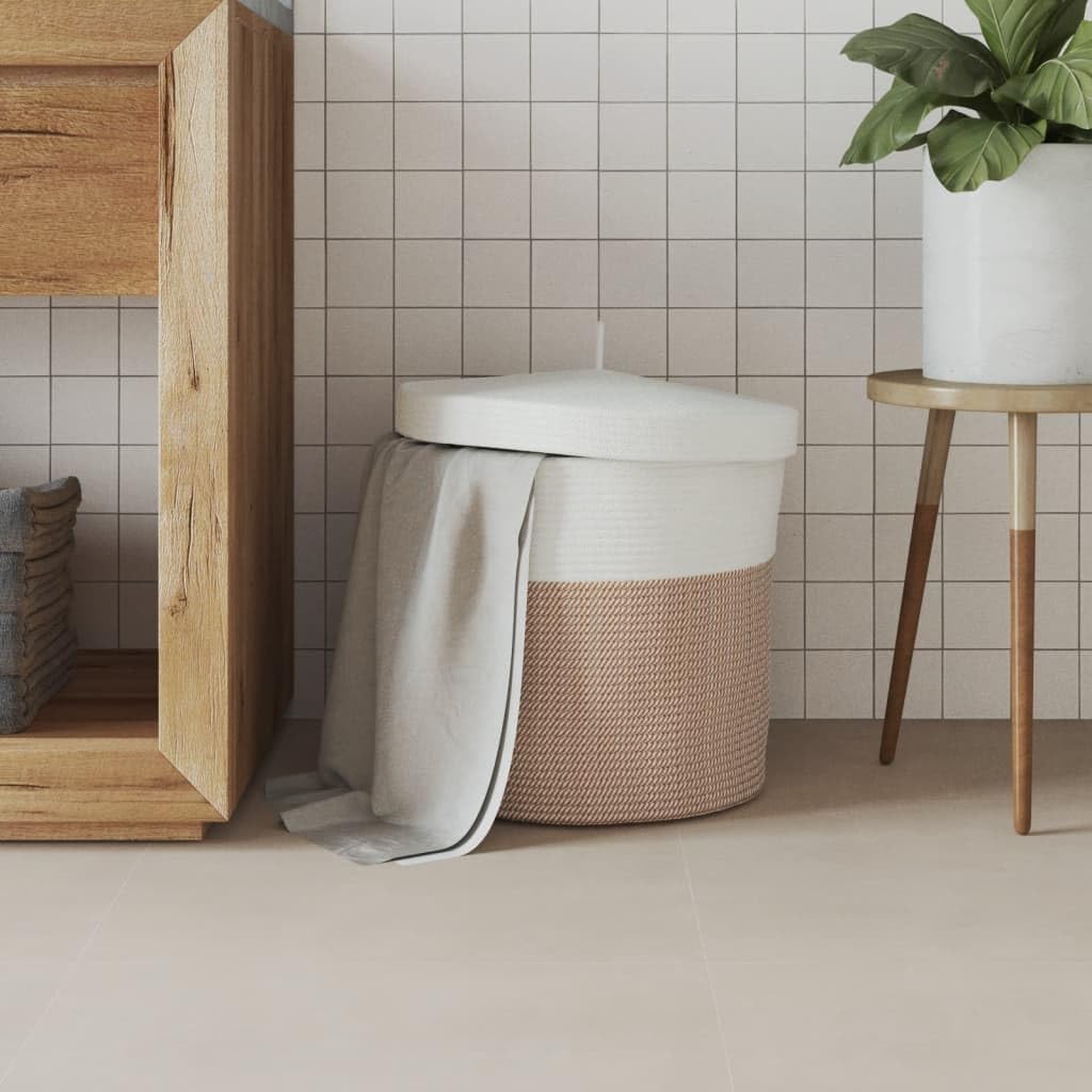 Aufbewahrungskorb mit Deckel Braun und Weiß Ø40 x 35 cm Baumwolle, Flechtkorb für Wohnzimmer Bad Schlafzimmer Küche Flur, Korb Aufbewahrung Deko Organizer für Wäsche Spielzeug Decke Kissen