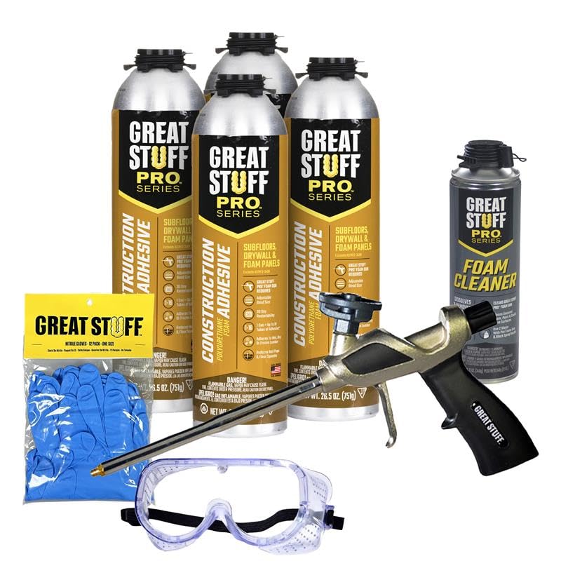 Great Stuff PRO Construction Adhesive Complete Kit Heavy-Duty All-Weather Foam Adhesive for Subfloors Drywall & Paneling Includes Great Stuff Foam Gun Cleaner & Gloves